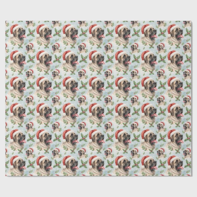 Festive Mastiff Christmas Holly Watercolor Wrap Wrapping Paper (Flat)