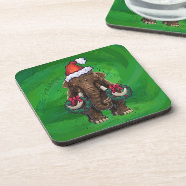 Festive Mastodon on Green Beverage Coaster (Left Side)