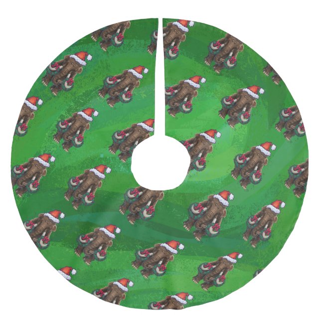 Festive Mastodon on Green Brushed Polyester Tree Skirt (Front)