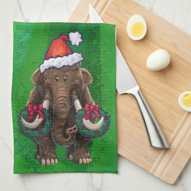 Festive Mastodon on Green Kitchen Towel (Quarter Fold)