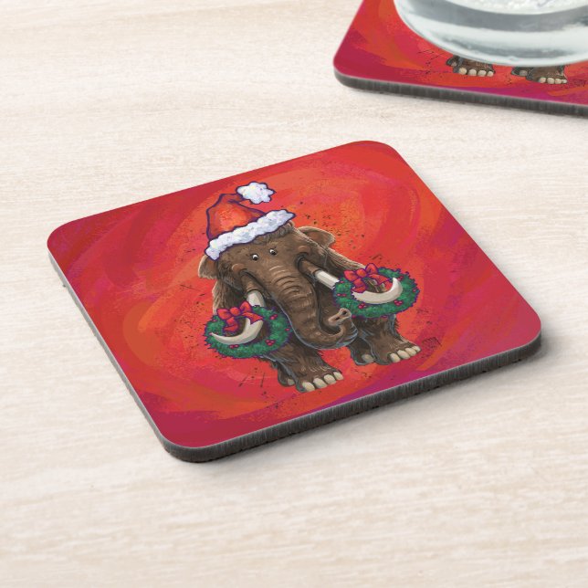 Festive Mastodon on Red Beverage Coaster (Left Side)