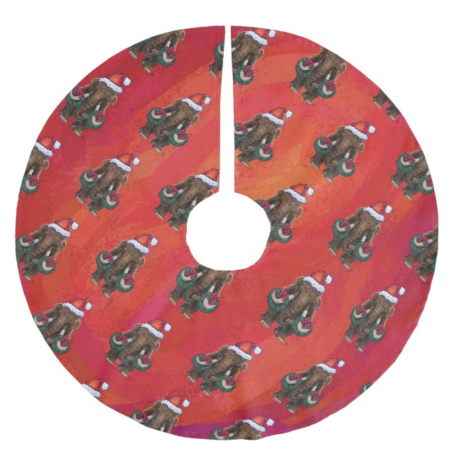 Festive Mastodon on Red Brushed Polyester Tree Skirt (Front)