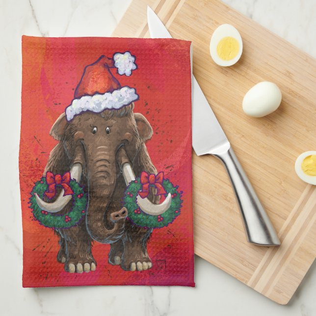 Festive Mastodon on Red Kitchen Towel (Quarter Fold)