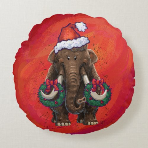 Festive Mastodon on Red Round Pillow
