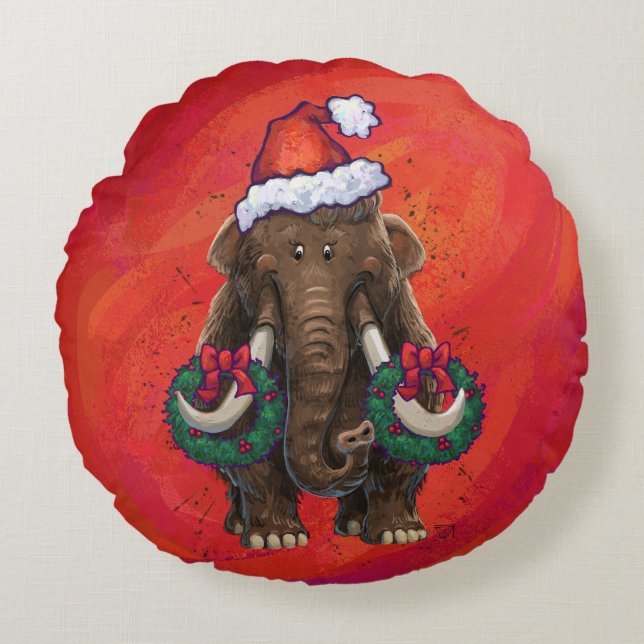 Festive Mastodon on Red Round Pillow (Front)