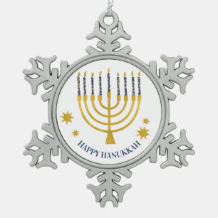 Festive Menorah Candles Happy Hanukkah Snowflake Pewter Christmas Ornament