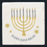 Festive Menorah Candles Happy Hanukkah Stone Coaster<br><div class="desc">Faux gold foil menorah candles for your Hanukkah celebration. Whimsical menorah illustration with white stars covered celestial candles on a faux gold menorah candle stand. Menorah starry Hanukkah illustrated design gifts and paper products.</div>