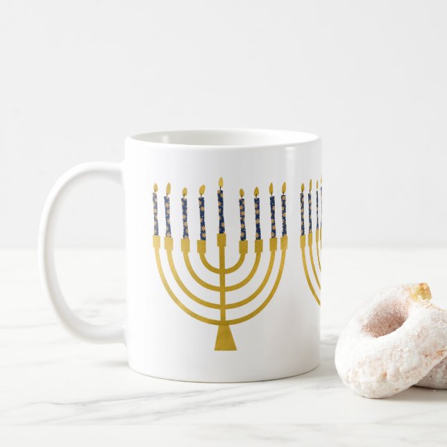 Festive Menorah Hanukkah Blue Candles  Coffee Mug (With Donut)