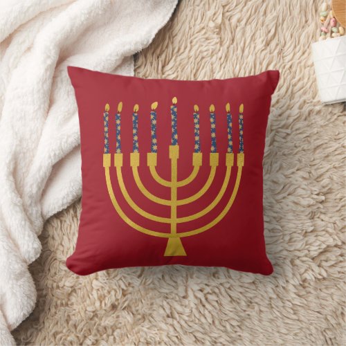 Festive Menorah Hanukkah Blue Candles Drawing Red Throw Pillow