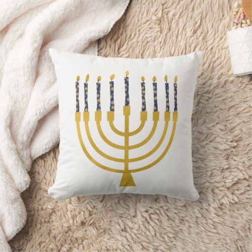 Festive Menorah Hanukkah Blue Candles Drawing  Throw Pillow