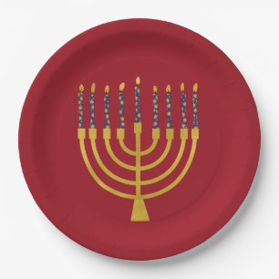 Festive Menorah Hanukkah Blue Candles Elegant Paper Plates