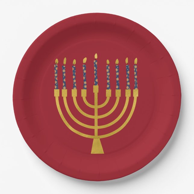 Festive Menorah Hanukkah Blue Candles Elegant  Paper Plates (Front)