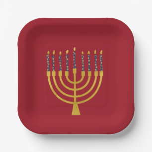 Festive Menorah Hanukkah Blue Candles Elegant Paper Plates