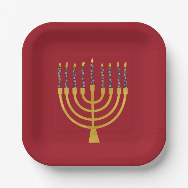 Festive Menorah Hanukkah Blue Candles Elegant   Paper Plates (Front)