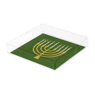 Festive Menorah Hanukkah Candles Elegant Green  Acrylic Tray