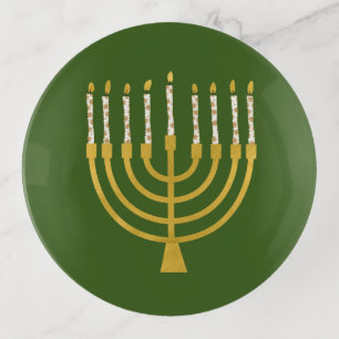 Festive Menorah Hanukkah Candles Elegant Green Trinket Tray