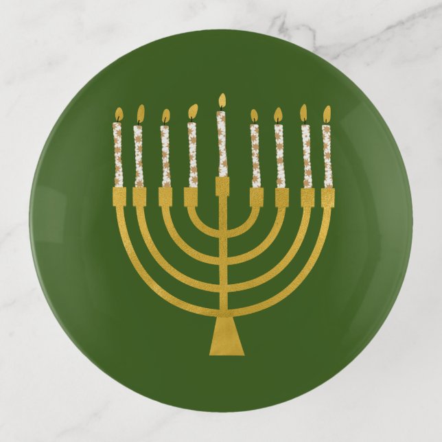 Festive Menorah Hanukkah Candles Elegant Green  Trinket Tray (Front)