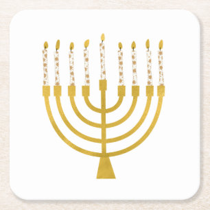 Festive Menorah Hanukkah Candles Elegant Minimal Square Paper Coaster