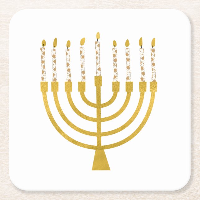 Festive Menorah Hanukkah Candles Elegant Minimal Square Paper Coaster (Front)