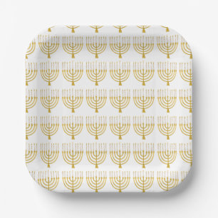 Festive Menorah Hanukkah Candles Pattern White Paper Plates