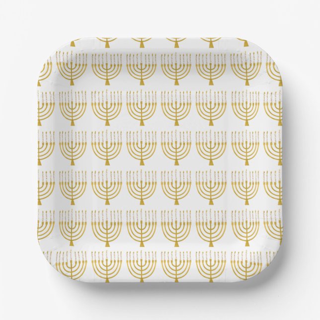 Festive Menorah Hanukkah Candles Pattern White Paper Plates (Front)
