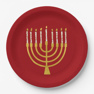 Festive Menorah Hanukkah Celestial Candle Ruby Red Paper Plates