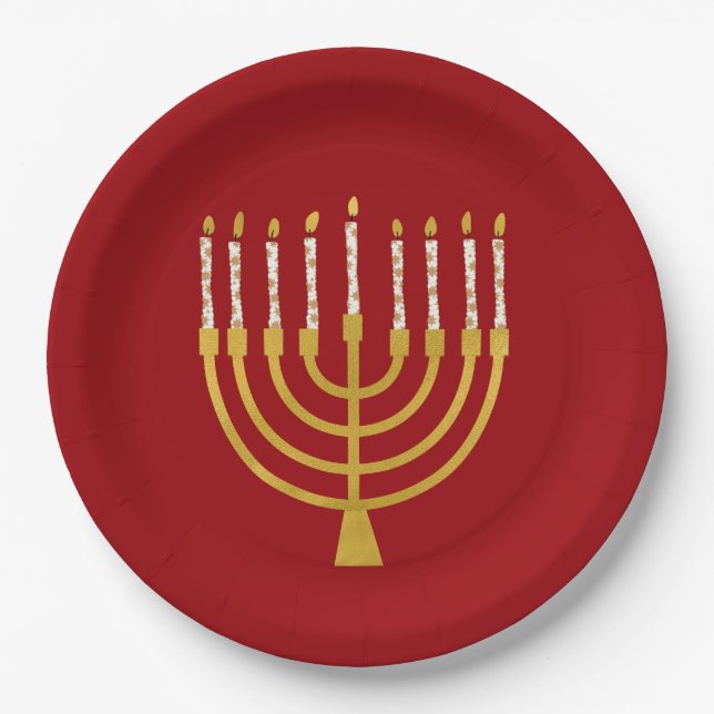 Festive Menorah Hanukkah Celestial Candle Ruby Red Paper Plates (Front)