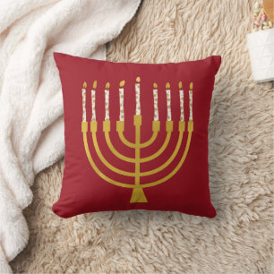 Festive Menorah Hanukkah Celestial Candles Red Throw Pillow