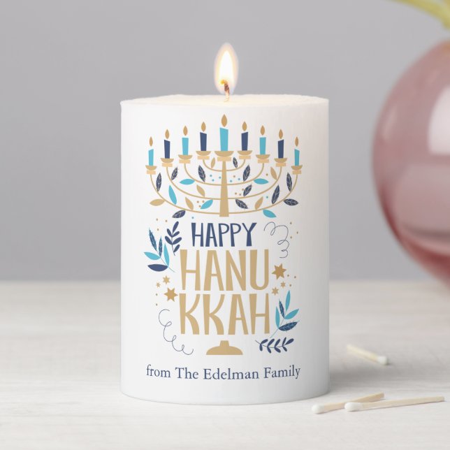 Festive Menorah Hanukkah Personalized Pillar Candle (In Situ)