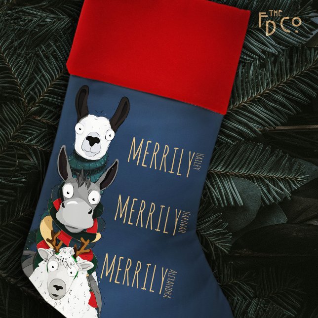  Festive "Merrily" Funny Sheep Donkey Llama Blue Christmas Stocking (Creator Uploaded)