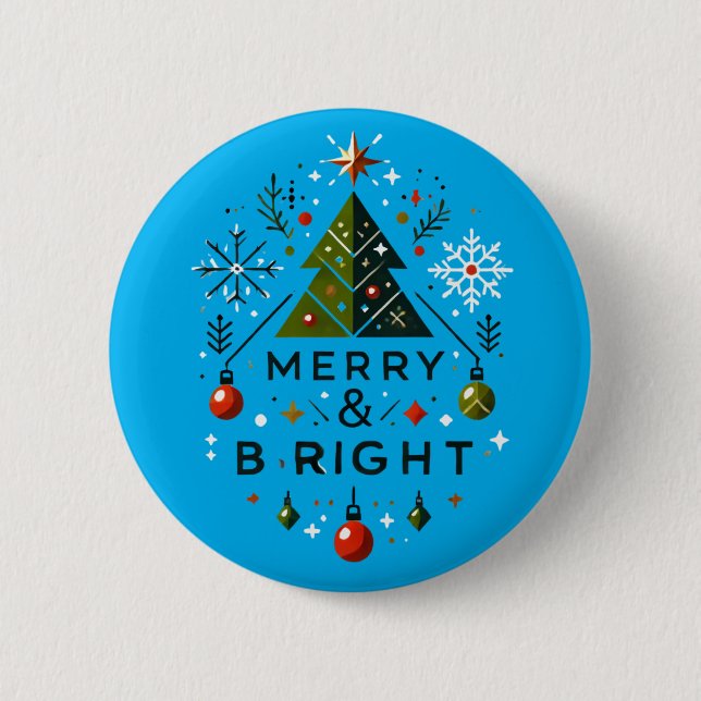 Festive Merry and Bright Christmas Tree Design Button (Front)