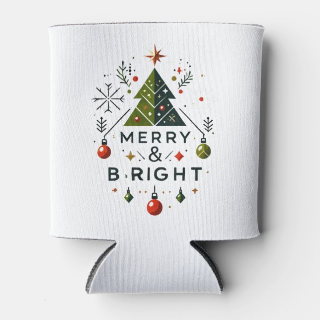 Festive Merry and Bright Christmas Tree Design Can Cooler (Front)