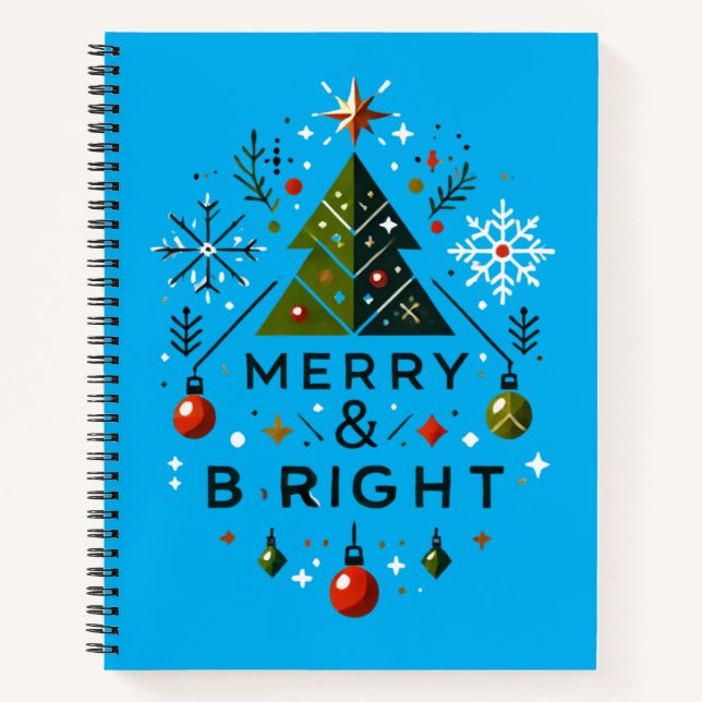 Festive Merry and Bright Christmas Tree Design Notebook (Front)
