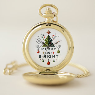 Festive Merry and Bright Christmas Tree Design Pocket Watch