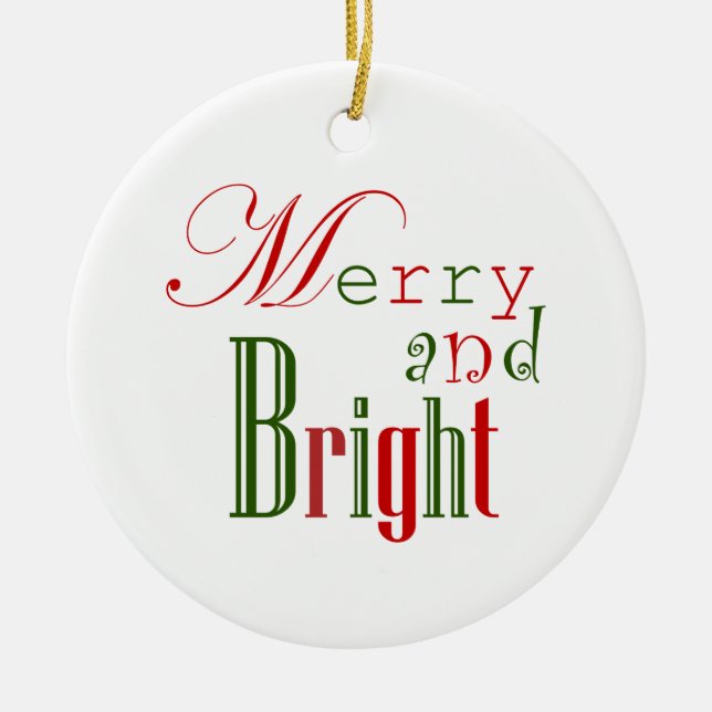 Festive Merry and Bright, Red and Green Ceramic Ornament (Front)