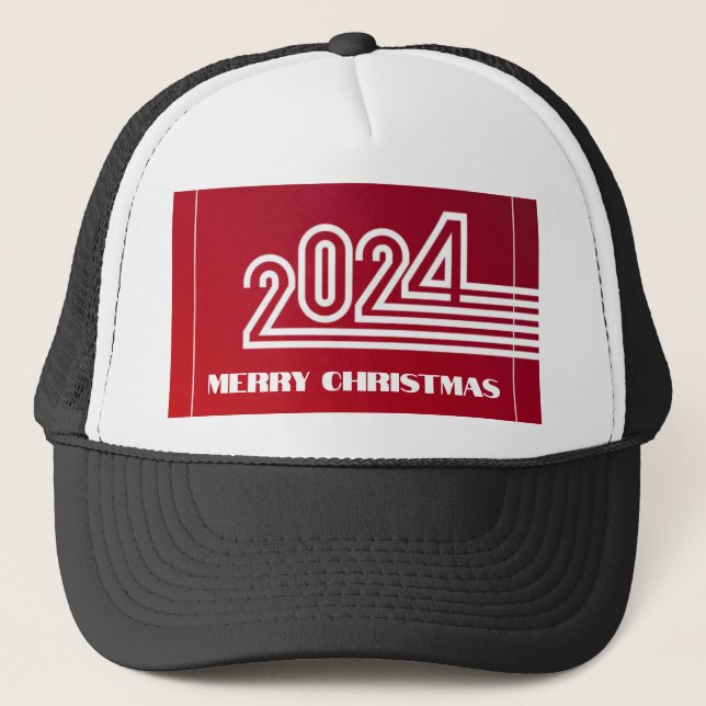 Festive Merry Christmas 2024 Red Color Background  Trucker Hat (Front)