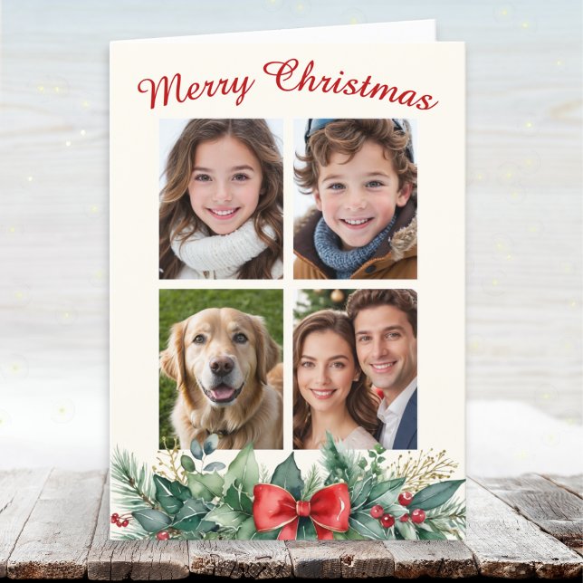 Festive Merry Christmas 4 Photo Collage Holiday Card (An elegant Christmas card to personalize with four photos of family, friends or pets)