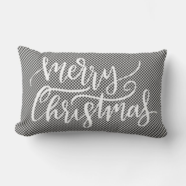Festive Merry Christmas Black White Gingham Plaid Lumbar Pillow (Front)
