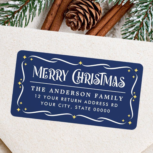 Festive Merry Christmas blue white return address  Label (Festive Merry Christmas blue white return address Label)