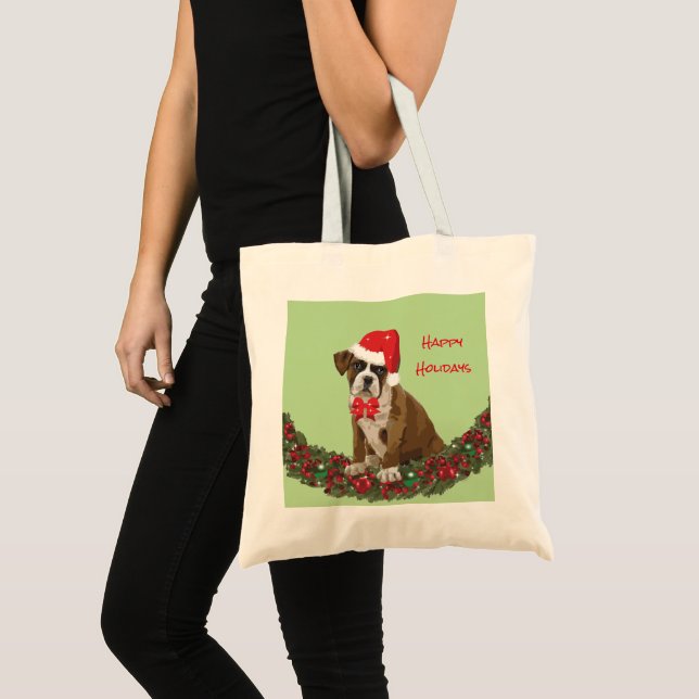 Festive Merry Christmas Boxer Puppy Santa Hat Tote Bag (Front (Product))