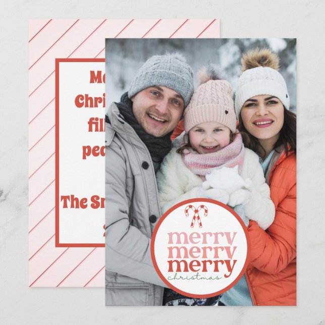 Festive Merry Christmas Candy Cane Red Green Photo Holiday Card (Front/Back)
