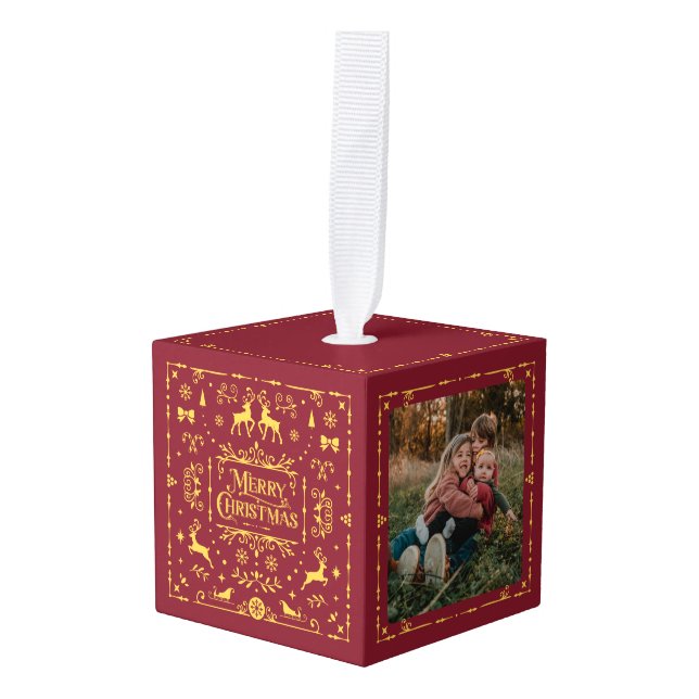 Festive Merry Christmas Classic 2 Photo Cube Ornament (Front Angled)