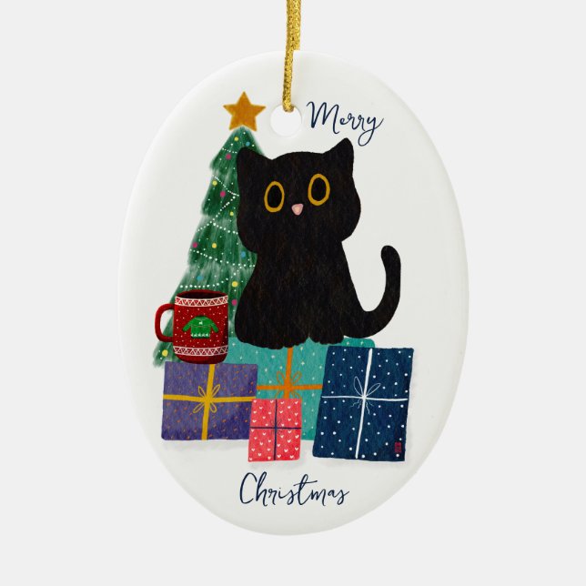 Festive Merry Christmas Cute Black Cat Coffee Art Ceramic Ornament (Front)