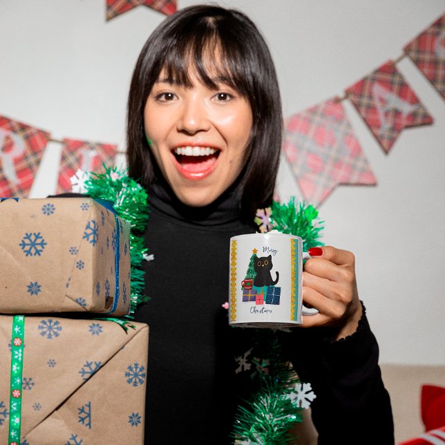Festive Merry Christmas Cute Black Cat Coffee Art Coffee Mug (Creator Uploaded)