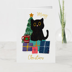 Festive Merry Christmas Cute Black Cat Coffee Art Foil Greeting Card