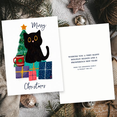 Festive Merry Christmas Cute Black Cat Coffee Art Holiday Card