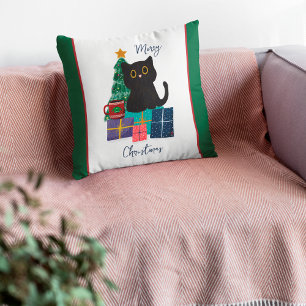Festive Merry Christmas Cute Black Cat Coffee Art Throw Pillow