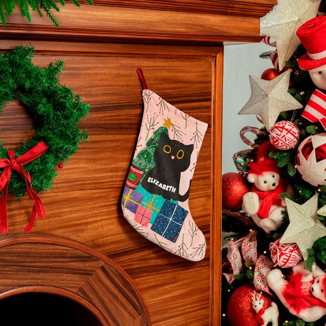 Festive Merry Christmas Cute Black Cat Coffee Pink Large Christmas Stocking (Creator Uploaded)
