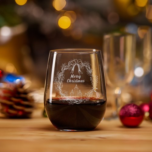 Festive Merry Christmas Etched Wreath Stemless Wine Glass