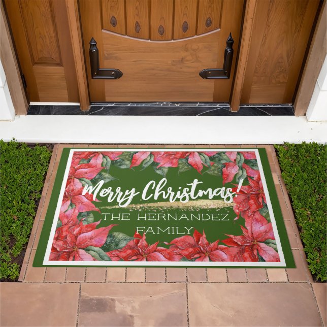 Festive Merry Christmas Family Name Poinsettia Doormat (Outdoor)